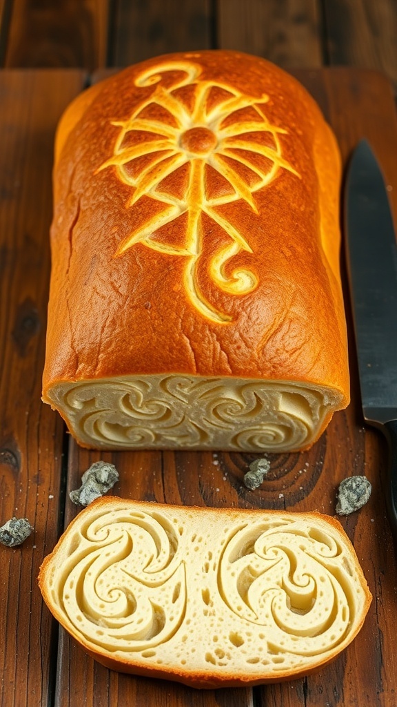 Artistic Bread Tattoo Recipe Artistic bread with tattoo-like designs on a wooden table, showcasing its golden crust and soft inside.